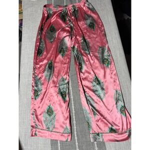 Their Nibs Womens XL Pink‎ Peacock Feather Pajama Pants Satin Sleepwear Lounge